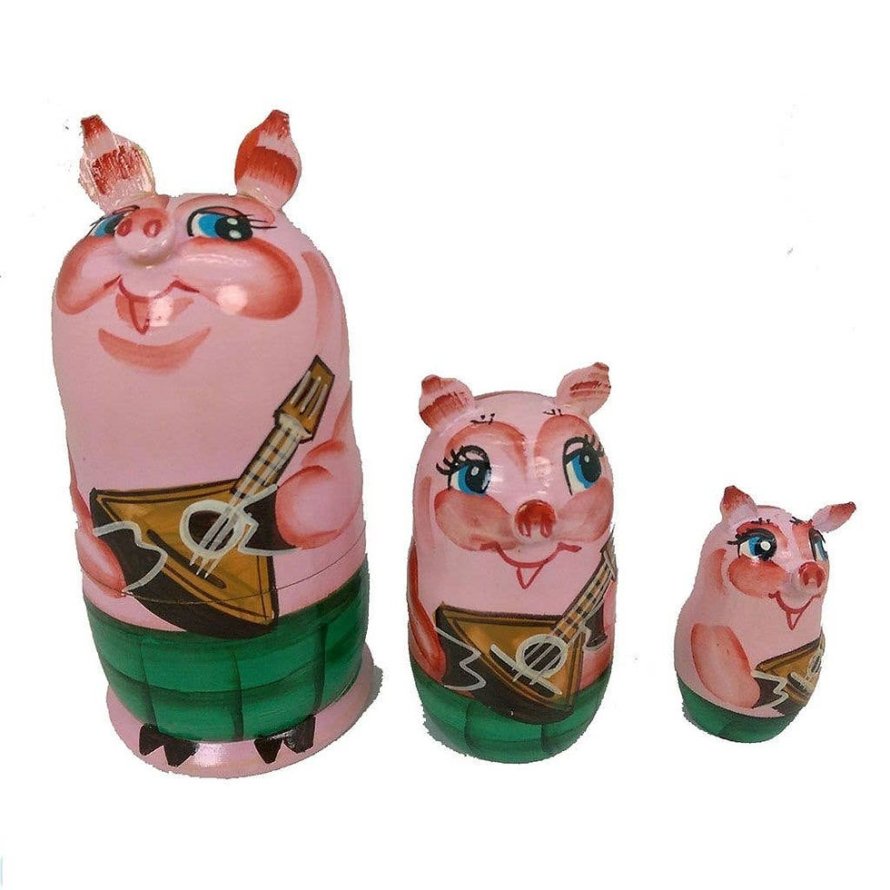 Three pink pig Matryoshka dolls playing guitar with green skirts on white background.