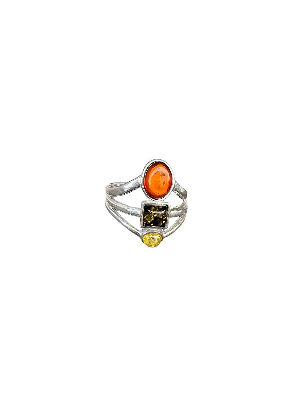 Stacked silver rings with orange, black, and yellow gemstones on white background