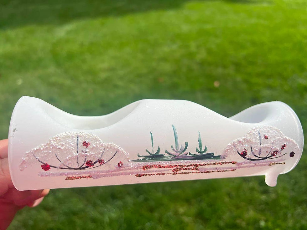 Thumbnail: White decorative container featuring floral designs, held in front of green grass.