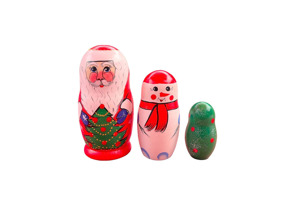 Santa, snowman, and green doll nested figures on white background