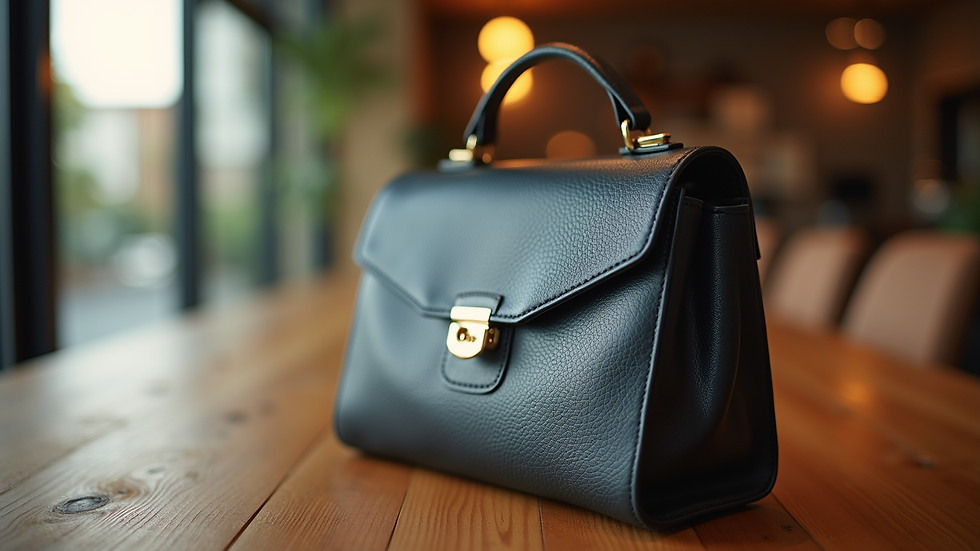 Close-up view of a stylish handbag on a wooden table