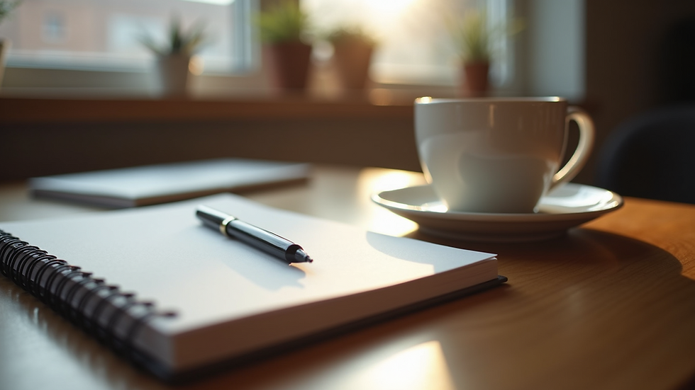 Eye-level view of a cozy workspace with a notebook and coffee cup