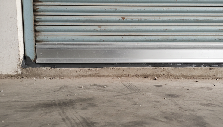 Close-up view of a sealed warehouse door gap with rodent proofing material
