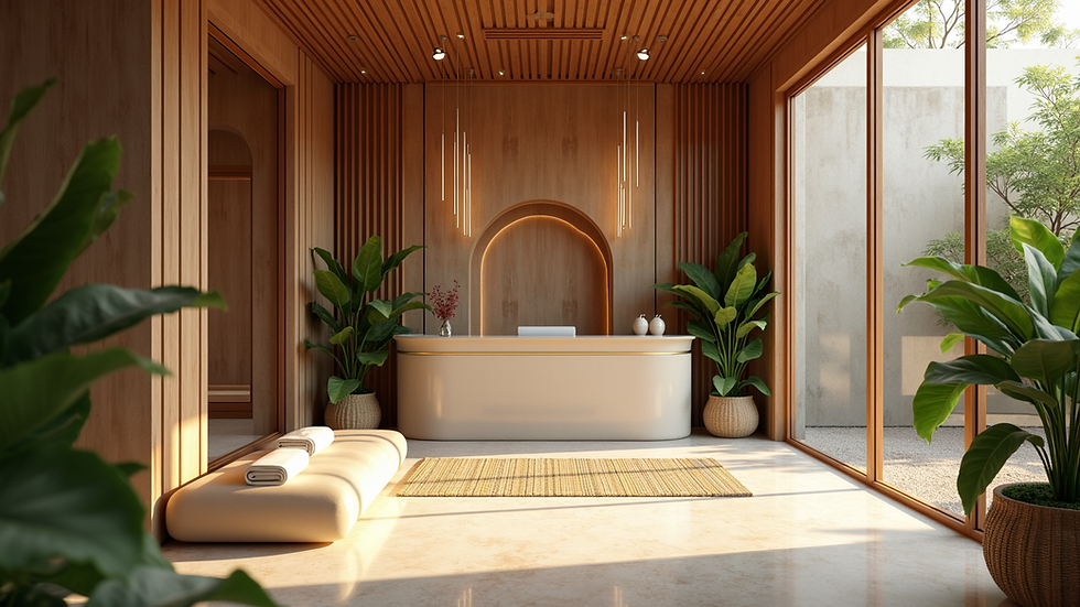 High angle view of a serene spa reception area with tropical decor