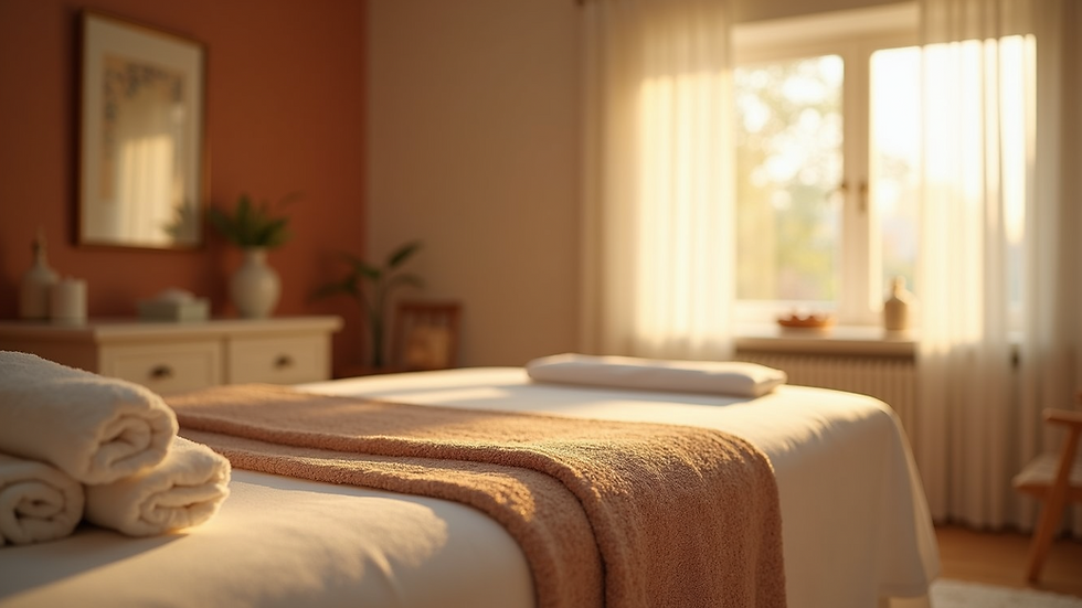 Eye-level view of a peaceful massage room with soft lighting