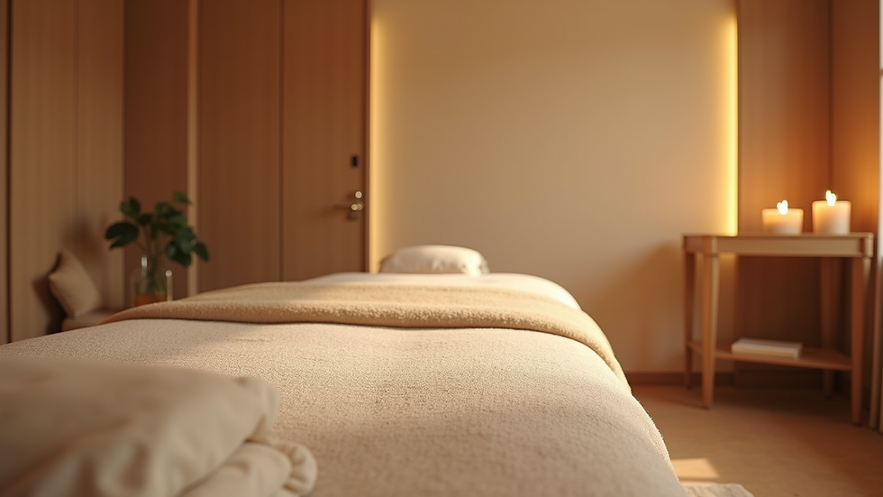 Eye-level view of a calm massage room with soft lighting