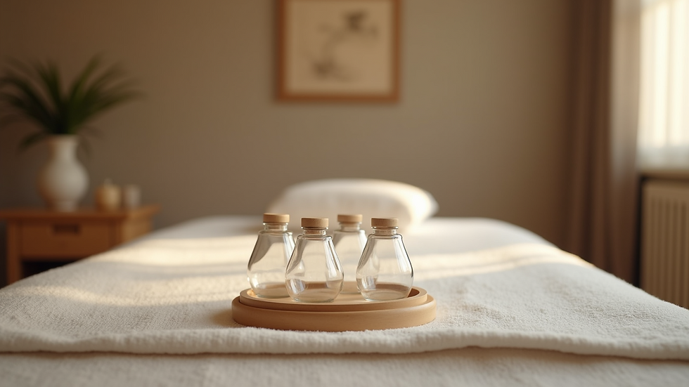 Eye-level view of a massage table with cupping therapy equipment ready for use
