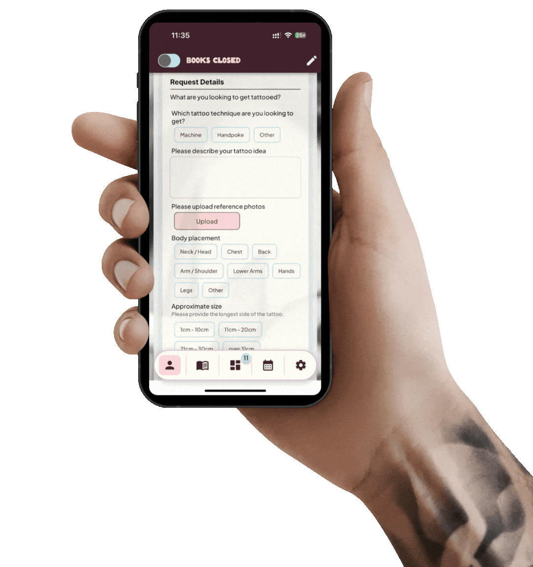 iPhone showing the Projekt Open Books tattoo management app