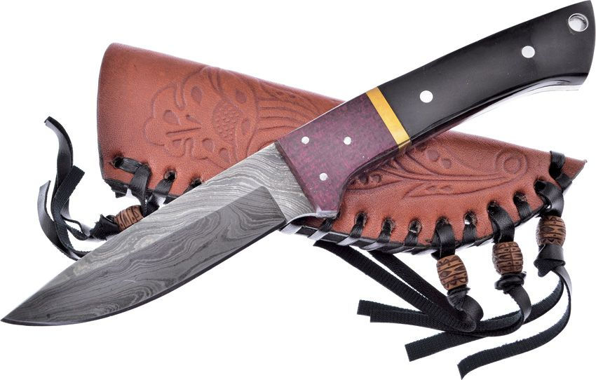 Damascus Folded Steel Classic Hunting Knife with Embossed Leather Sheath