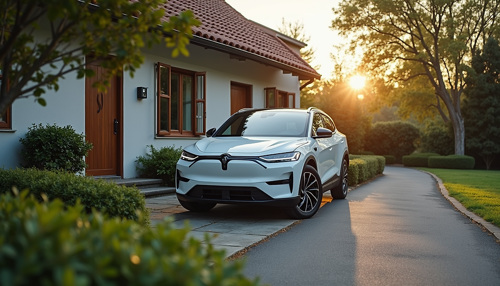 High angle view of an electric vehicle parked beside a home
