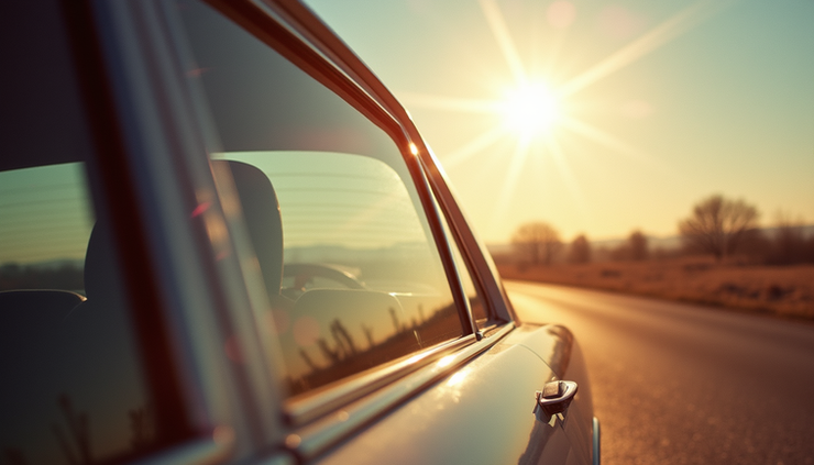 Close-up view of car window with IR rejection film reflecting sunlight