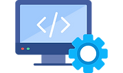 Computer screen with code and a gear icon, software development, coding concept.
