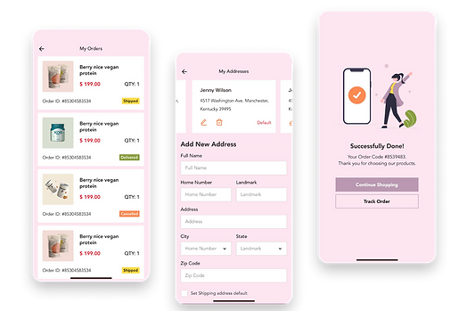 Screenshots of an app: My Orders, Add New Address, Successfully Placed Order, DOT IT AE