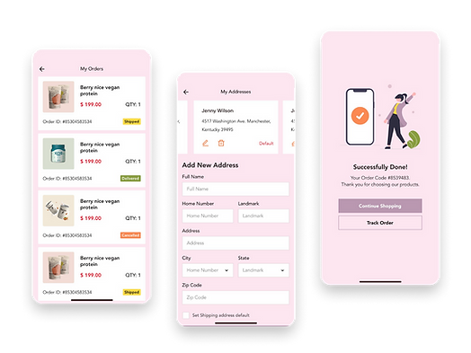 Screenshots of an online shopping app, showing My Orders and checkout process.