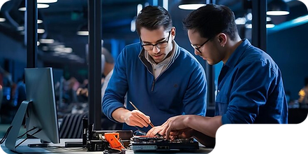 Two tech experts repair a computer, working together in a modern office setting.