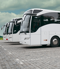 other buses parked in a lot beside it.