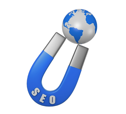 Illustration of a blue horseshoe magnet with 'SEO' attracting a globe, symbolizing global SEO reach and lead generation.