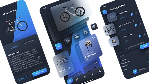 App screens with bicycle models, shopping cart, and product details with DOT IT AE
