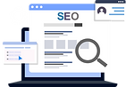 Laptop screen with SEO text, magnifying glass, account icon, and documents.