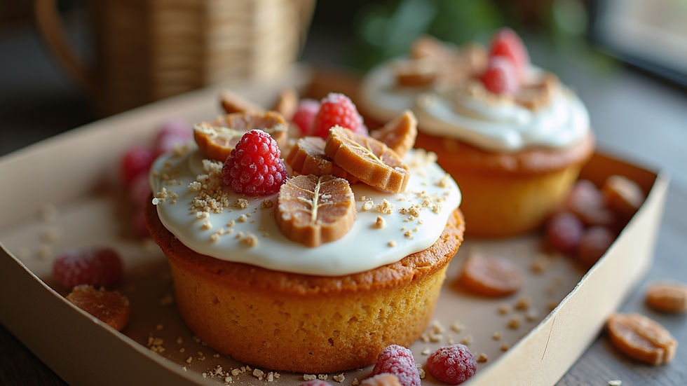 Eye-level view of a beautifully packaged cake hamper with decorative elements
