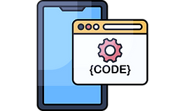 Smartphone icon with window showing gear, {CODE}, a software concept.
