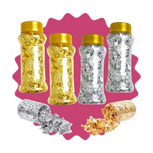 Metallic foil flakes in gold and silver jars – wholesale edible cake décor supplies