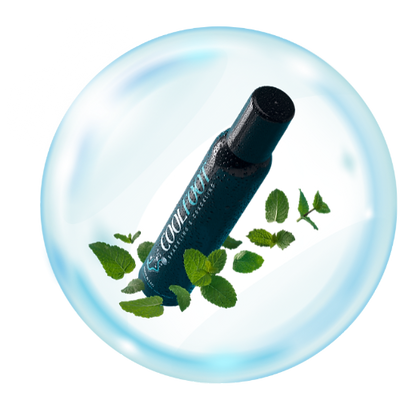 Blauwe vape pen met groene bladeren in een heldere zeepbel. Coolfoot_hu.