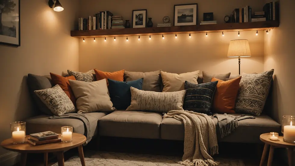 Eye-level view of a cozy reading nook with decorative pillows and a warm atmosphere