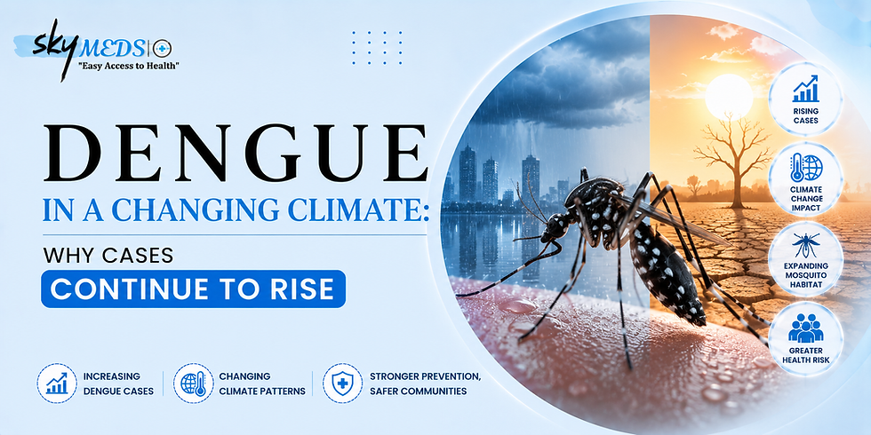 Illustration showing a mosquito transmitting dengue virus with a warming climate backdrop, representing the rise in dengue cases due to climate change. Learn more and buy healthcare products at theskymeds