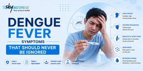 Dengue Fever Symptoms That Should Never Be Ignored – illustration showing high fever, severe headache, joint and muscle pain, skin rash, fatigue, and warning signs of dengue fever with healthcare guidance by theskymeds.