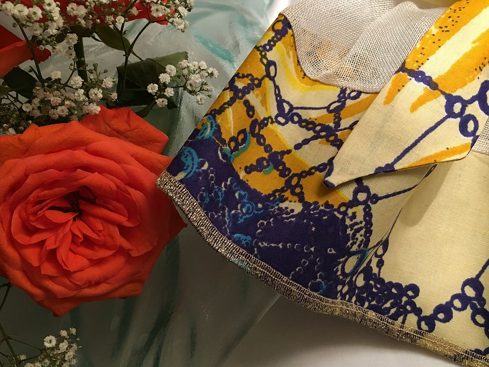 Miniature : Jupon d'abat-jour toile de lin et Wax multicolore imprimé bleu/jaune