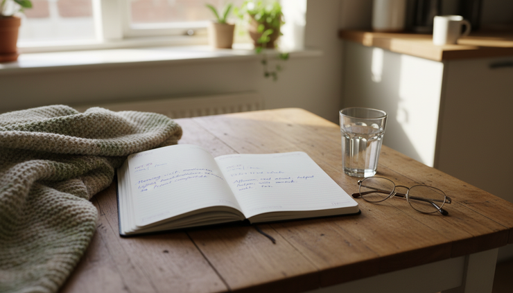 Overhead view of a notebook with simple home care notes beside a glass of water