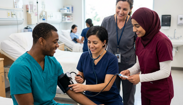 Close-up view of CNA students practicing vital signs with an instructor in a clean skills lab