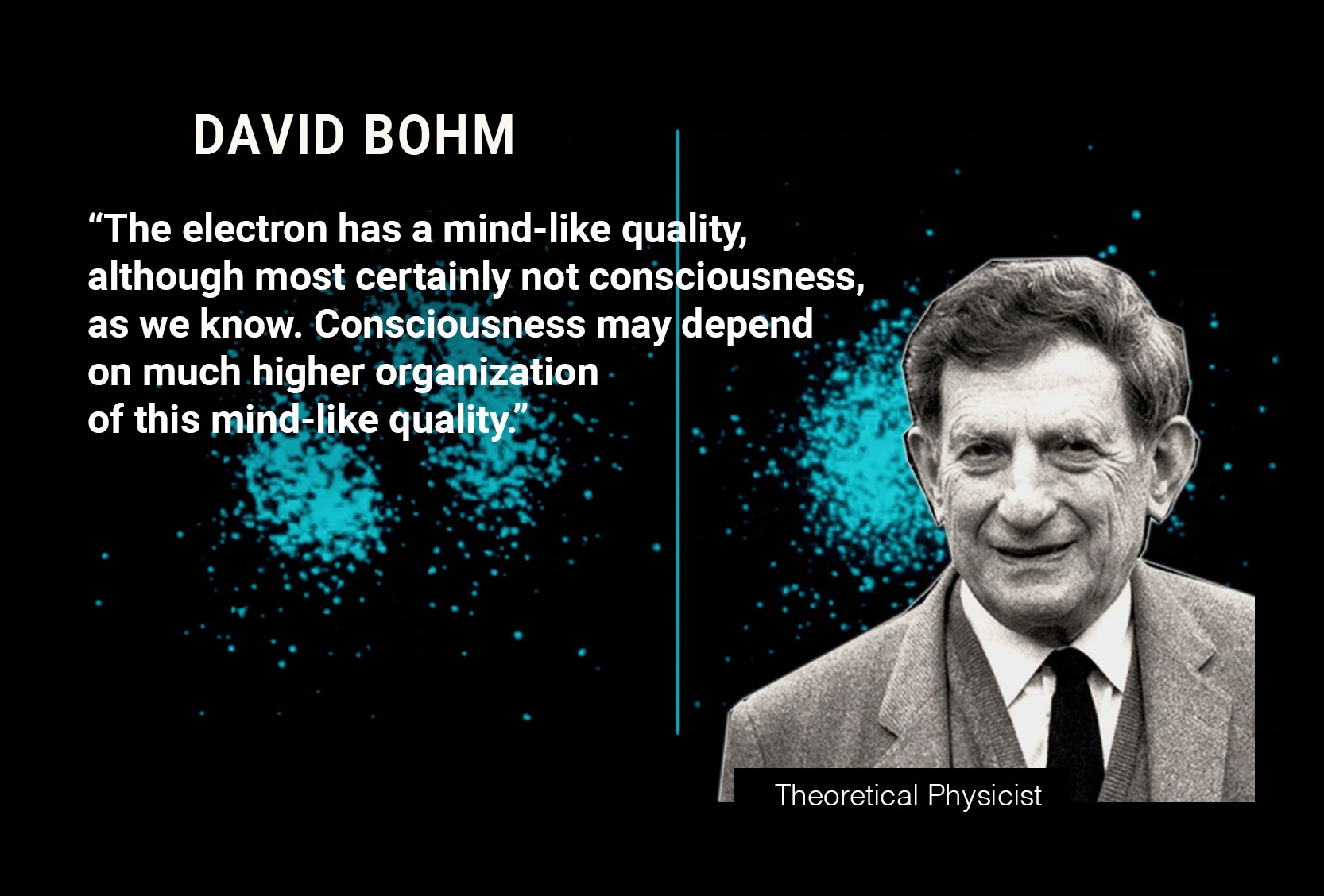DAVID BOHM: “The electron has a mind-like quality, although most certainly not consciousness, as we know. Consciousness may depend on much higher organization of this mind-like quality.”