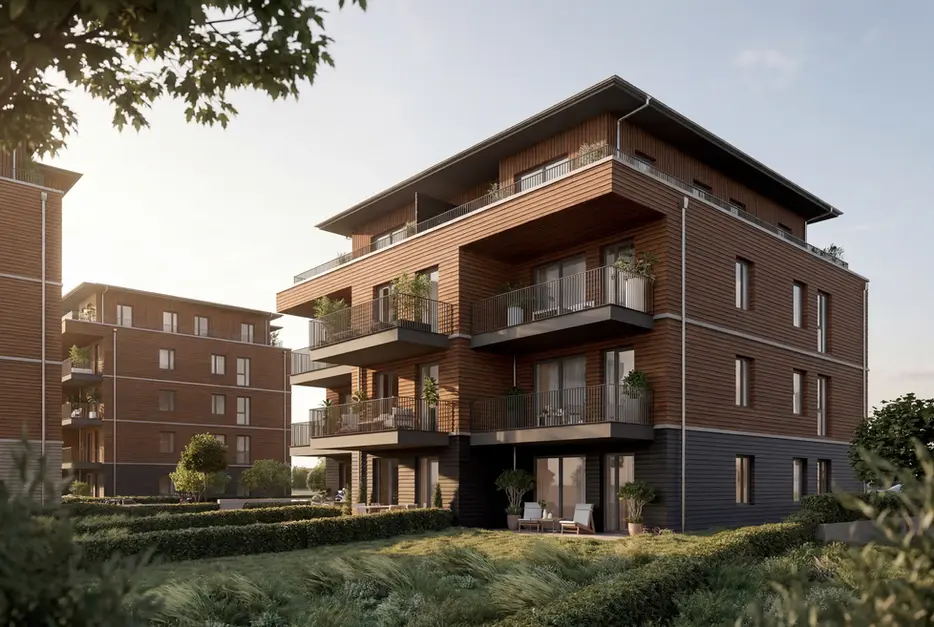 Moderne Wohngebäude mit Balkonen im Quartier am Yachthafen Neustadt in Holstein — Neubau Ferienwohnung und Eigentumswohnung Ostsee