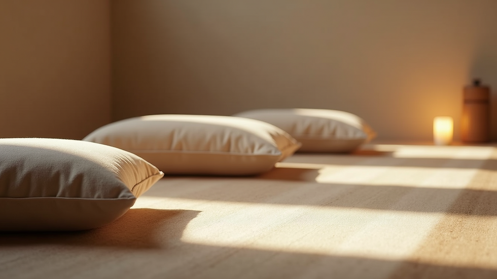 Close-up view of a serene meditation space with cushions and soft lighting