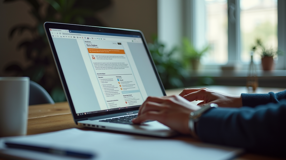 Eye-level view of a person working on a laptop with a colorful online resume displayed on the screen