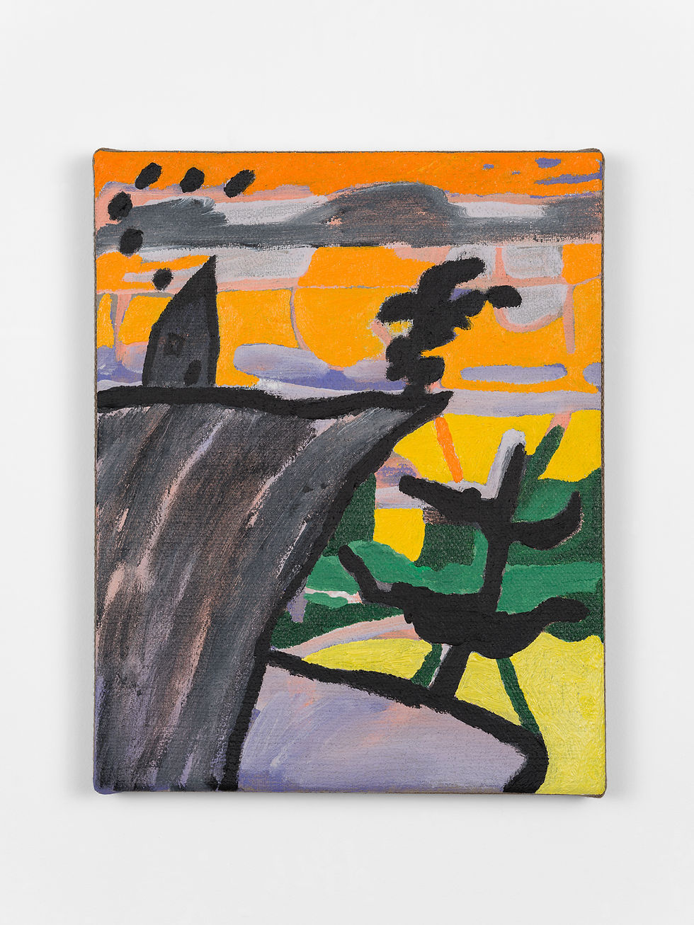 Les Ramsay. Dusty Ditch at Dusk, 2024. Oil on upholstery, 14 x 11." Photo by Dennis Ha.