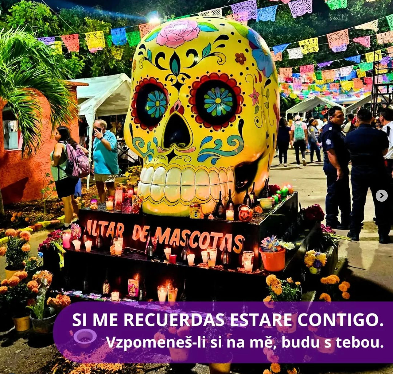 Velká barevná lebka ozdobená květinovými motivy uprostřed slavnosti Día de los Muertos (Dušičky) v Mexiku, obklopená svíčkami, květinami a nápisem „Altar de Mascotas“. V pozadí jsou lidé, barevné papírové girlandy a stánky. V popředí je text ve španělštině a češtině: „Vzpomeneš-li si na mě, budu s tebou.“