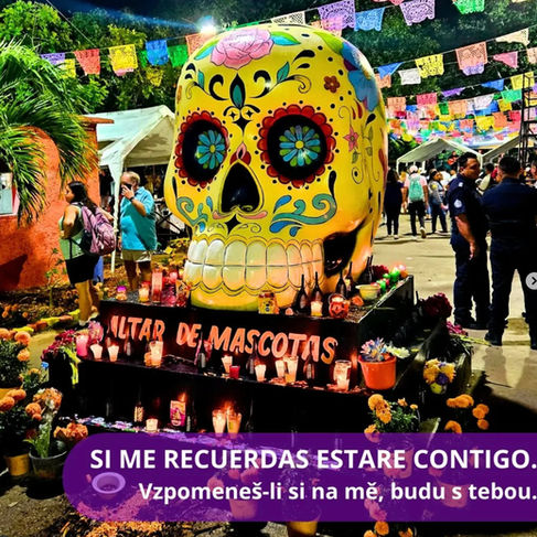 Velká barevná lebka ozdobená květinovými motivy uprostřed slavnosti Día de los Muertos (Dušičky) v Mexiku, obklopená svíčkami, květinami a nápisem „Altar de Mascotas“. V pozadí jsou lidé, barevné papírové girlandy a stánky. V popředí je text ve španělštině a češtině: „Vzpomeneš-li si na mě, budu s tebou.“