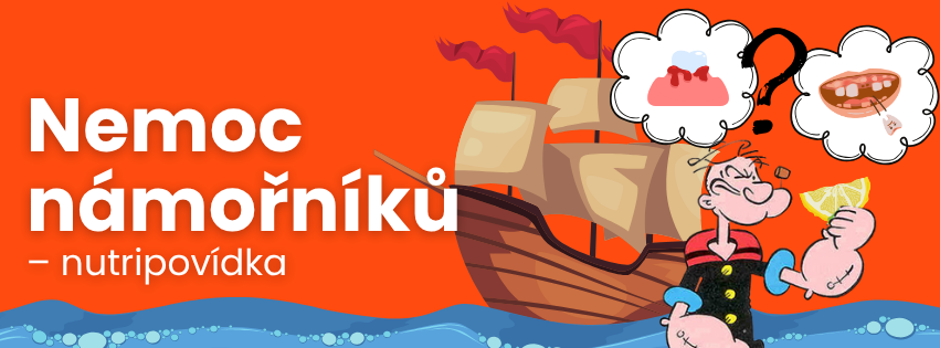 Kreslený námořník Popeye drží citron a přemýšlí o příznacích kurdějí – krvácení dásní a vypadávání zubů. V pozadí loď a bedýnka s ovocem a zeleninou, připomínající důležitost vitaminu C na moři.