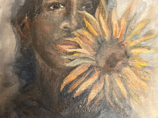 Artwork that contains a figure and a sunflower