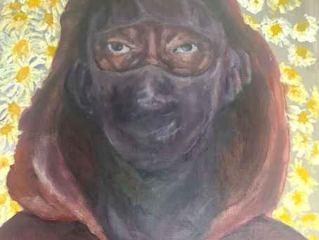 A painting by Sieva Smith that is depicting a teenager in a  deep purple mask and dark red hoodie with a backdrop of stylized daisies. 