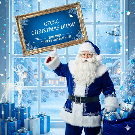 Father Christmas in Blue promoting Draw Tickets