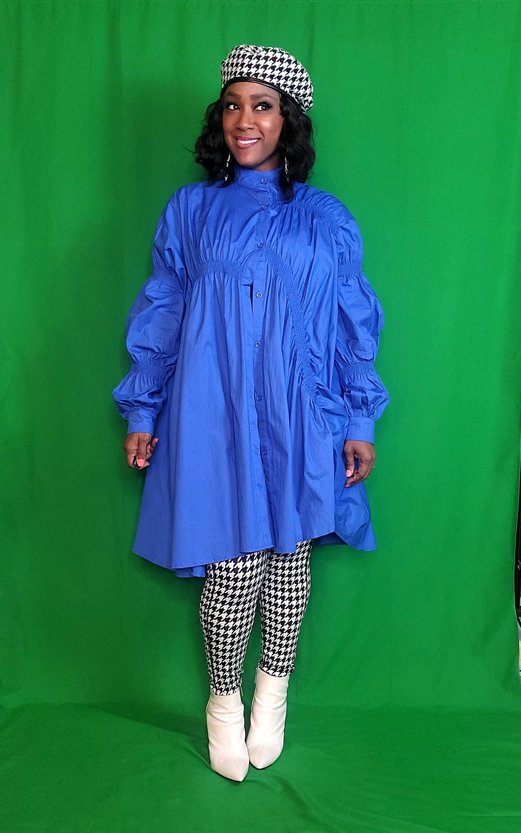 Blue "GATHERED" Shirt Dress