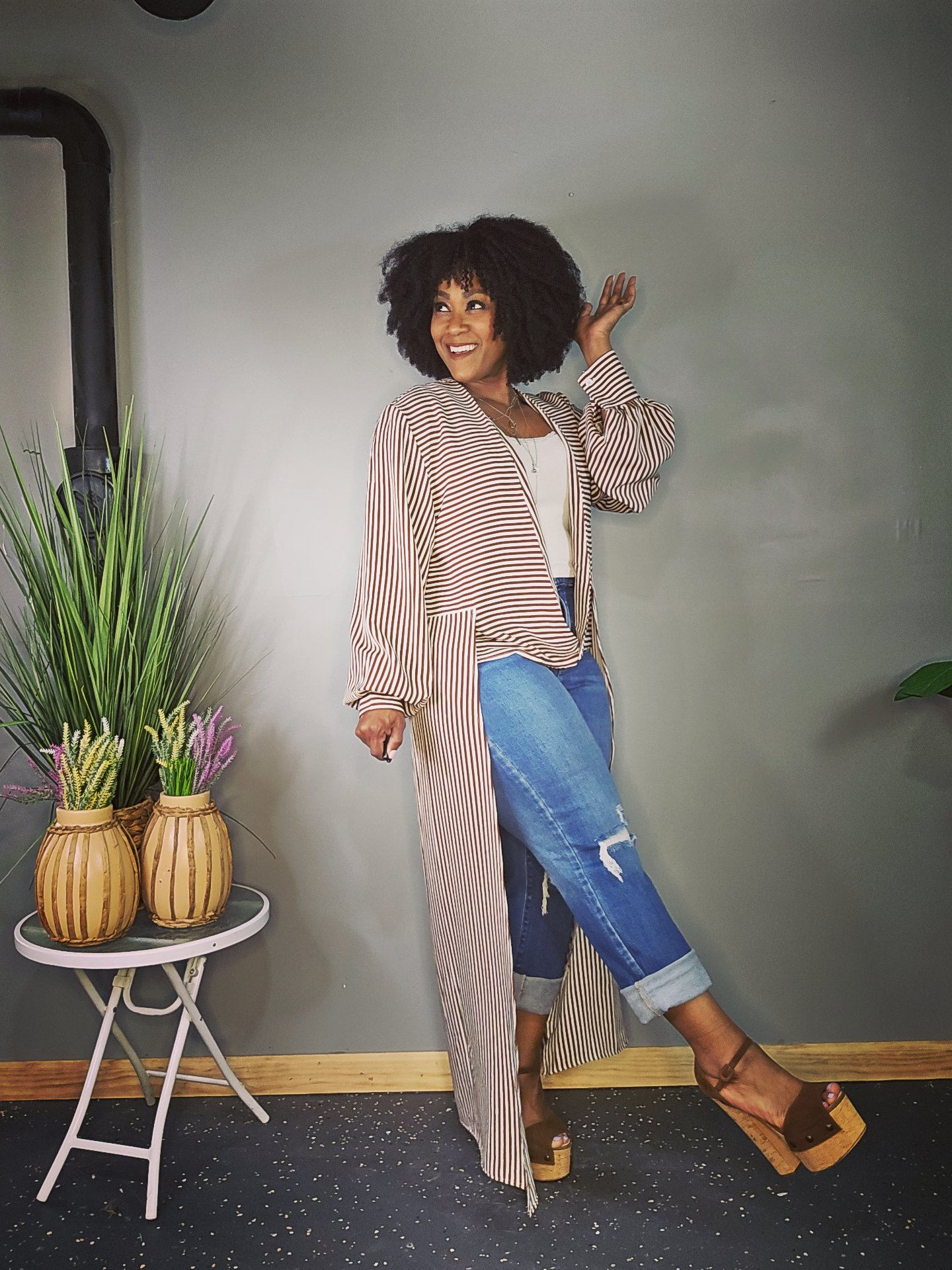 Striped Hi-Lo Kimono Top - BROWN
