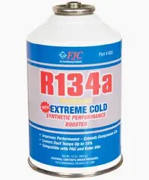12 oz can of Freon R-134a refrigerant featuring a white metal body with a black and gray label, indicating suitability for automotive A/C systems