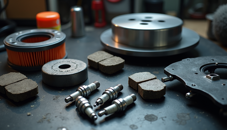 High angle view of modern ACDelco automotive parts arranged on a workshop table