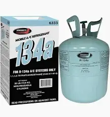 Johnsen's 30 lb R-134a refrigerant cylinder featuring a light blue metal body with a standard valve, designed for automotive air conditioning systems.