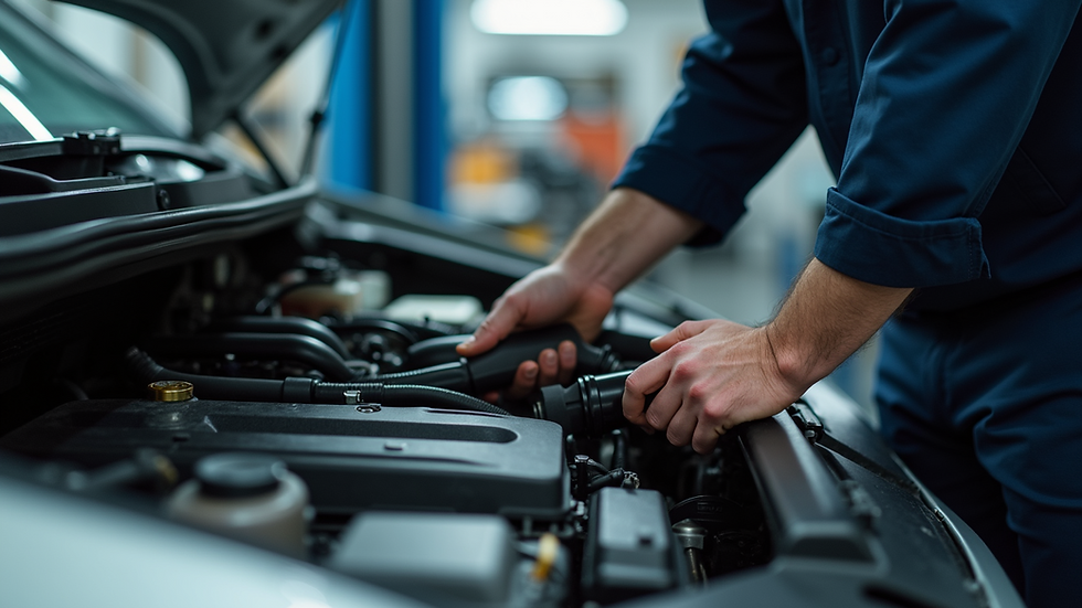 Close-up view of a mechanic inspecting a car engine with diagnostic tools